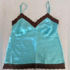 Gold Hawk - 100% Silk Teal Turquoise Lace Cami - Size S